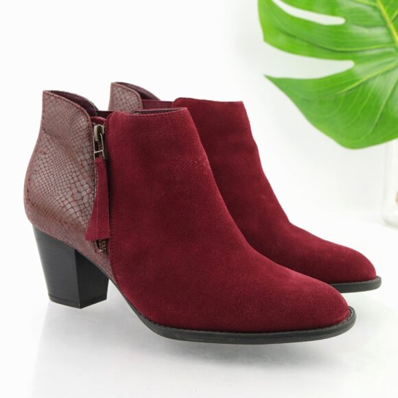 Vionic Womens Anne Boots Size 9.5 Burgundy Red Suede Python Block Heel Booties - Picture 1 of 12
